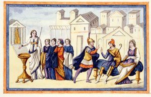 In Troy, women beg Athena while Hector farewells his wife Andromache. The Iliad, chant VI, engraving from the end of the 18th century. by Unknown artist