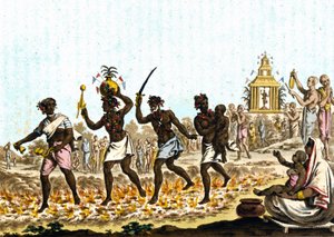 India: Fakirs Walking on Incandescent Coals (19th century engraving) by Unknown artist