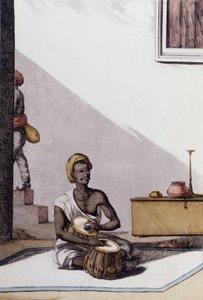 Indian culture and civilization: musician playing tablas, traditional musical instrument, India. Engraving 1808 by Unknown artist
