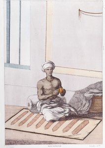 Indian culture, civilization and society: musician with traditional Indian percussion. Engraving from 1808 by Unknown artist