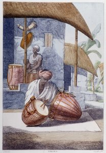Indian Culture, Civilization and Society: Musician with Traditional Indian Percussion (Tikora). Engraving from 1808 by Unknown artist