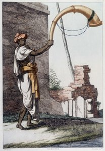 Indian culture, civilization and society: musician with traditional Indian wind instrument (Sournae). Engraving from 1808 by Unknown artist
