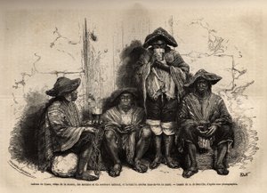 Indians of Cuzco (Peru), vetus of the manta, sandals and traditional sombrero, employed as labour for the exploitation of guano deposits in the Chincha Islands, drinking shisha, but fermented brandy. Engraving to illustrate Les iles Chincha, rect by L.Simo by Unknown artist
