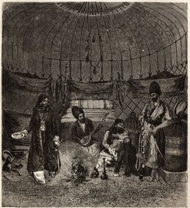 Inside a Turkish tent (Turkmena, Iraq), home to a family, with a barhchi (musician, storyteller) accompanied by the dutare to sing or recite poetry. Engraving to illustrate the story of Henri de Blocqueville 