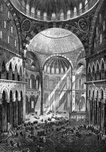 Internal view of the mosque of Saint Sophia (Hagia Sophia) (Byzantine art of the 6th century) in Constantinople in 1858.
