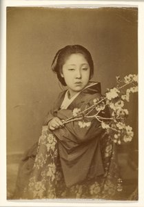[Japanese Woman Holding Blossoming Prunus Branch] by Unknown artist