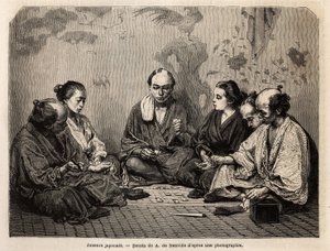 Japanese players in the middle of cards. Engraving to illustrate Japan, travel story by Aime Humbert, minister of the Swiss Confederation, in 1863-1864, published in Le tour du monde, nouveau journal des voyages, under the direction of Edouard Charton
