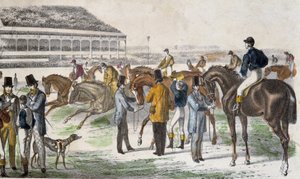 Jockeys and their horses before the race - engraving, c. 1850
