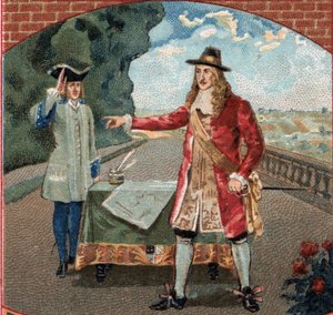 King James II of England (1633-1701) during his stay at the castle of Saint-Germain-en-Laye. Chromolithography of the late 19th century