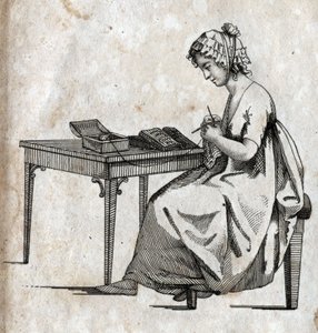Knitting machine: woman busy knitting wool. Engraving late 18th century. Private collection. by Unknown artist
