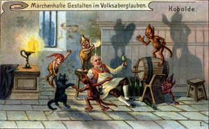 Kobolds, little elves or farfadets of the German popular tradition. Chromolithograph of the 19th century