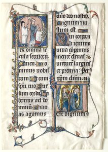 Leaf from a Missal with Two Historiated Initials: Initial P (A Priest Celebrates Mass) and Initial V (Ecclesia and Synagogue)