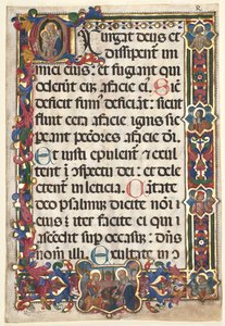 Leaf from a Psalter with Full Border with Medallions (Annunciation, SS. Jerome, Clare, Sebastian and Bernardino) and Historiated Initial (E): Virgin and Child by Unknown artist