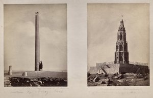 Left: Ashoka Pillar moved to its present position by Feroz Shah. Right: Memorial Monument of the British Soldiers in 1859