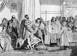 Leonardo da Vinci dying in the arms of Francois I (1494 - 1547) in 1519 at Clos Luce. Engraving. by Unknown artist