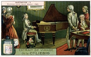 Liebig chromolithography. Ludwig van Beethoven (1770-1827) plays before Wolfgang Amadeus Mozart (1756-1791). Here in 1787