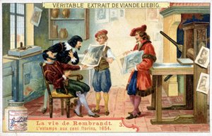Liebig Chromolithography on the Life of Rembrandt (1606-1669), Dutch Painter. This is the 100 Guilder Print in 1654 by Unknown artist