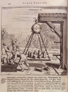 Loading suspended Magdeburg hemispheres - in Ottonis de Guericke: Experimenta Nova Magdeburgica de vacuo spatio by Otto von Guericke by Unknown artist