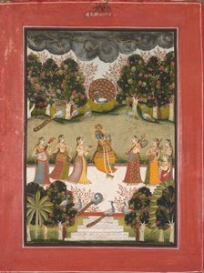 Malar Ragini: Krishna Playing the Flute to Seven Gopis Holding Musical Instruments, from the Ragamala Series by Unknown artist