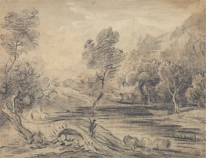 Man Crossing Hump-Backed Bridge Over a River with Cattle Watering