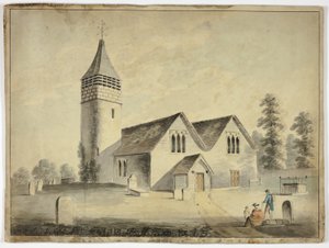 Man, Woman and Child in Churchyard Cemetery by Unknown artist