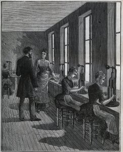 Manufacture of metal feathers: decoupage workshop in France in the 19th century. Engraving from 1885 in 