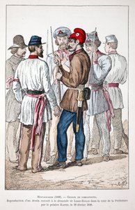 Montagnards (1848), a group of fighters, one of whom wears the Phrygian cap and the revolutionary cockade. Eau forte en couleurs, reproduction of a drawing executed at the request of Alexandre Ledru-Rollin in the courtyard of the by Unknown artist