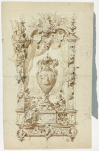 Monumental Vase in Ornamental Frame; Sketch of Standing Man with Parasol and Parrot, and Architectural Studies by Unknown artist