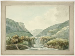 Mountain Town by Bridge Spanning Rapids by Unknown artist