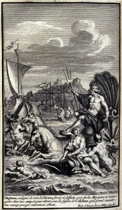 Neptune, unworthy of seeing the Greeks forces and deeds, leaves the sea to transport himself to their camp, and to raise up under the figure of Calchas which he then takes, their courage almost entirely destroyed. Illustration of book XIII of the Iliad of 