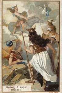 Nordic mythology: The Valkyries (virgin warriors) in Valhalla and the fall of warriors in battle. Chromolithograph of the 19th century