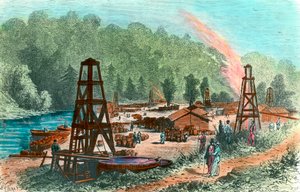 Oil wells at Tarr Farm in Pennsylvania, USA. Engraving of the 19th century