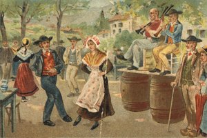 Old custom celebrated in the Auvergne region: the buoy during the feast of Saint John. Chromolithography of the late 19th century.