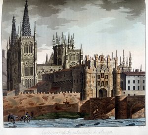 Outside of the Gothic Cathedral of Saint Mary in Burgos, Spain. 19th Century Lithograph
