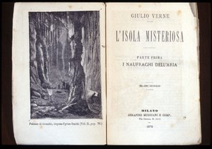 Page of an Italian edition of “The Mysterious Island” by Jules Verne. 1878. Milan