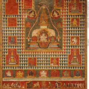 Painted Banner of Goddess Ushnishavijaya Within a Funerary Mound and Surrounded by Chaityas