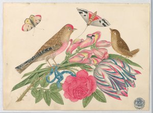 Pair of Brown Birds on Bouquet with Tulip, Rose, and Snapdragons, with Butterflies