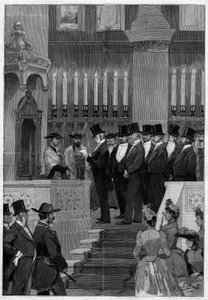 Installation of Zadoc Kahn (1839-1905) great rabbi of France. Alphonse de Rothschild (1827-1905) reading the nomination order by Unknown artist