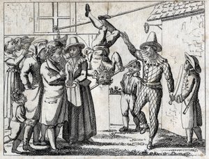 Party in the village: games and disguises. Engraving late 18th century. Private collection. by Unknown artist