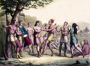 Party scene among the Iroquois Indians. 17th century engraving.
