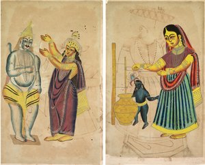 Parvati Placing a Wedding Garland on Shiva (recto); Yasoda Churning Butter (verso)