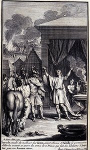 Patroclus, touches the misfortune of the Greeks, having obtained permission from Achilles to go and rescue them, covers himself with the weapons of this prince, who makes libations to Jupiter for his happy return. Illustration of book XVI of the Iliad by Unknown artist