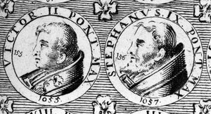 Popes Victor II (died 1057) and Stephen IX (died 1058). Engraving of the 18th century by Unknown artist