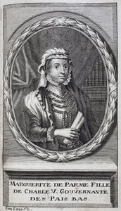 Portrait of Margarita of Parma, Duchess of Parma and Piacenza, natural daughter of Charles V and governess of the Netherlands from 1559-1581. Engraving to illustrate History of the War of Flanders, by Flamianus Strada, edition Joseph T