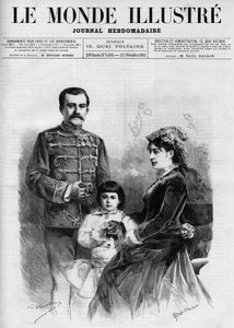 Portrait of the King of Serbia Milan I (Milan Obrenovich) (1854-1901), it is surrounded by Queen Nathalie and her heir to the Throne Prince Alexander, In 