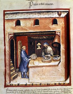 Preparation of marine fish in vinegar. Illumination from the Tacuinum sanitatis by Unknown artist