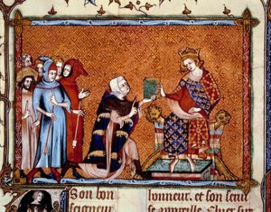 Jean de Joinville (1224-1317) offers his book to Louis King of Navarre future Louis X the hutin by Unknown artist