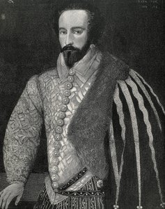 Portrait of Sir Walter Raleigh. Engraved in 1891, executed after an anonymous original that is preserved at the National Portrait Gallery of London (engraving) by Unknown artist