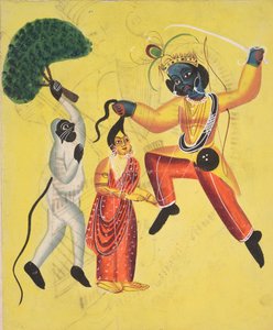 Rama and Hanuman, Holding an Uprooted Tree, Rescues Sita (recto)