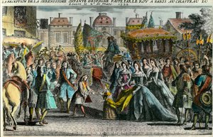Reception of the Infante of Spain Marie Anne Victoire by King Louis XV in Paris at the Louvre on 2 March 1722